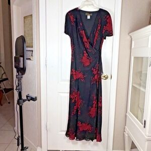 Donna Karan Vintage Women's Dress Size 14‎ – Black Deep Rouge Floral Wrap Like